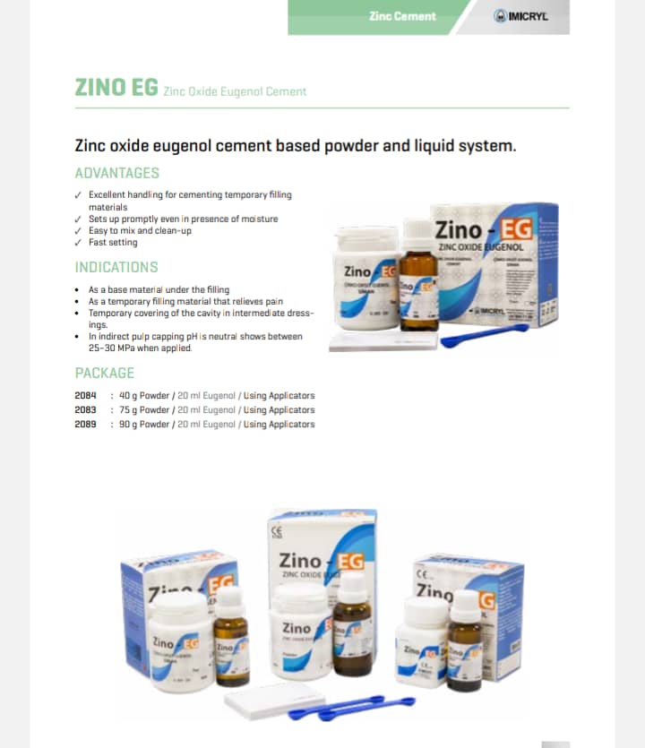 Cement-based powder and liquid system based on zinc oxide and eugenol. Zing cement for dental restoration. Zinc oxide eugenol.